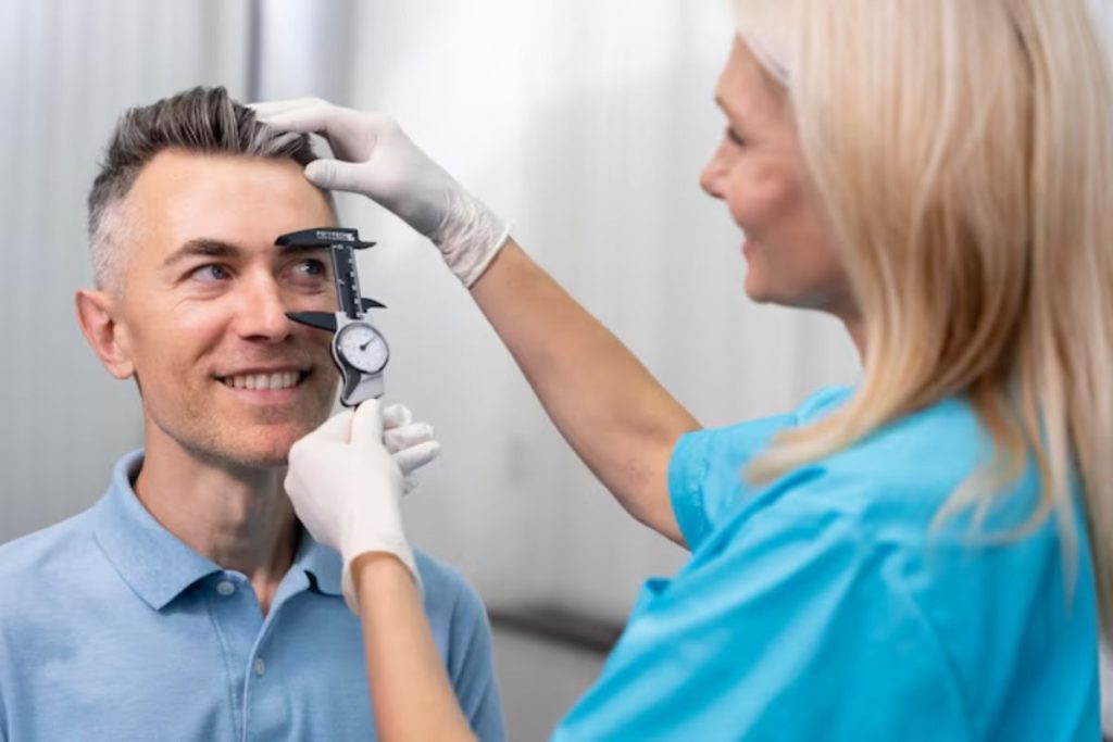 patient undergoing preoperative eye measurements for cataract surgery planning