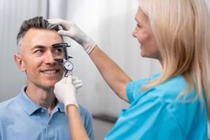 patient undergoing preoperative eye measurements for cataract surgery planning