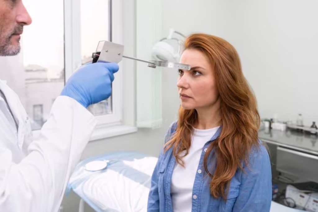 woman undergoing an eye examination before laser eye surgery.